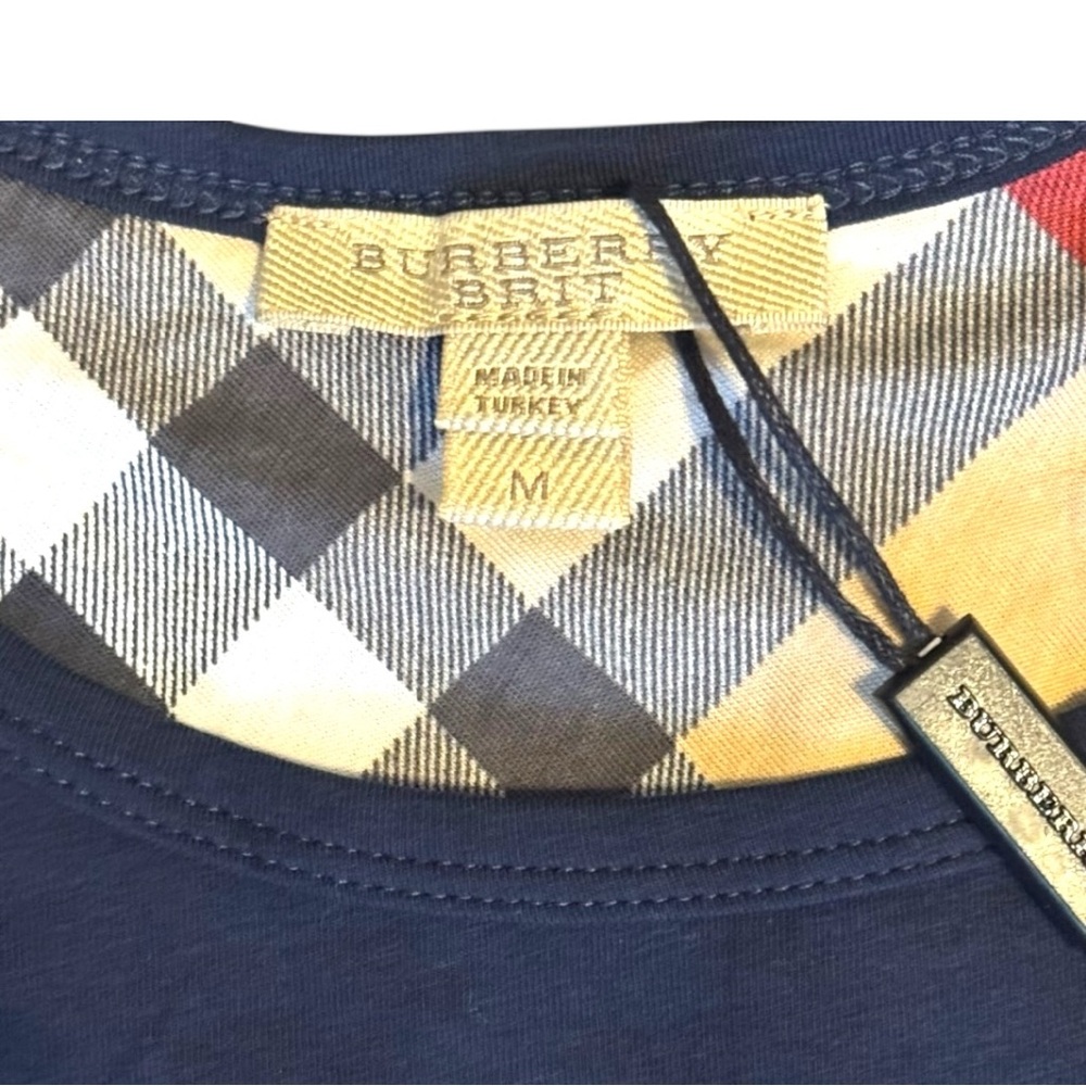 NWT Burberry Brit Navy Blue Nova Check Trim Tank Top Shirt M Holiday Gift Ready - Picture 5 of 7